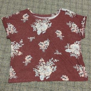 Cape Juby Burgundy Floral Cuffed Short Sleeve Top Size Small